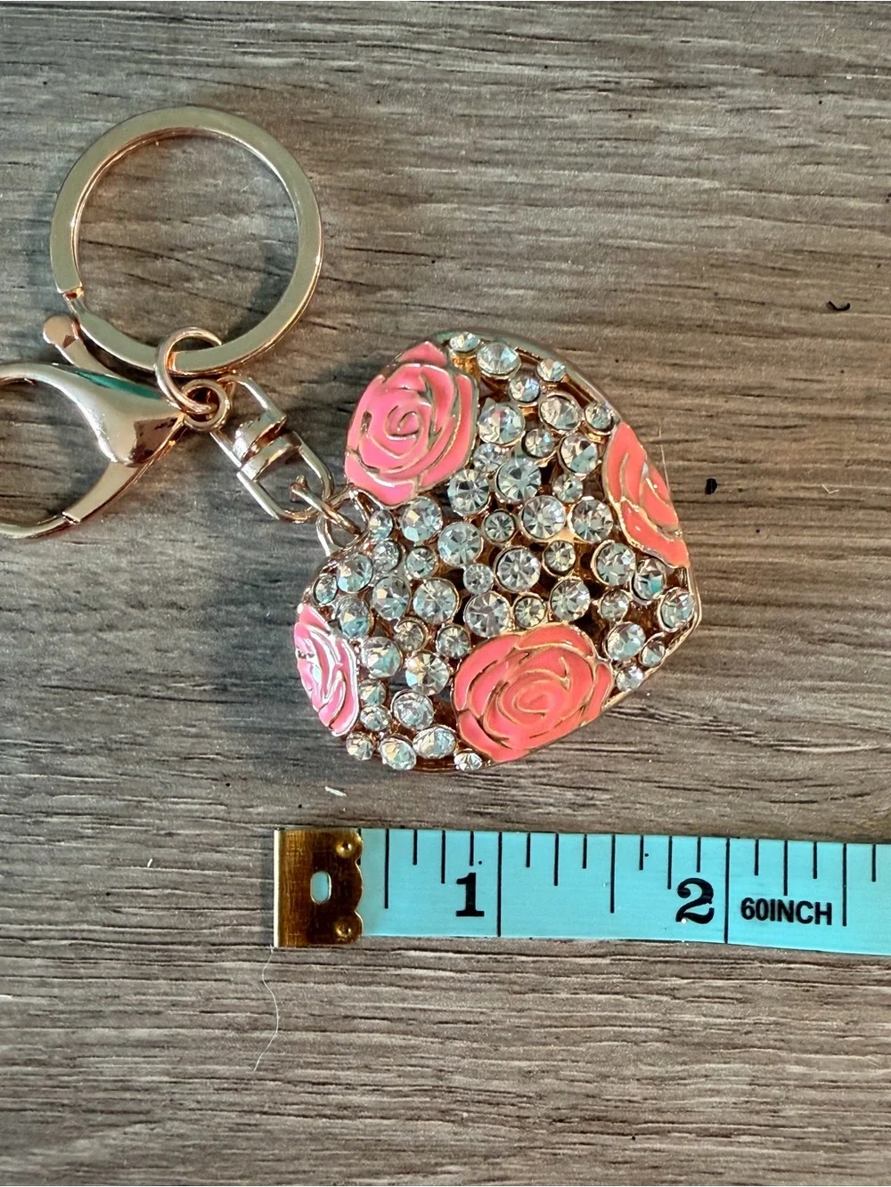 Heart Crystal Keychain with Pink Rose Accents